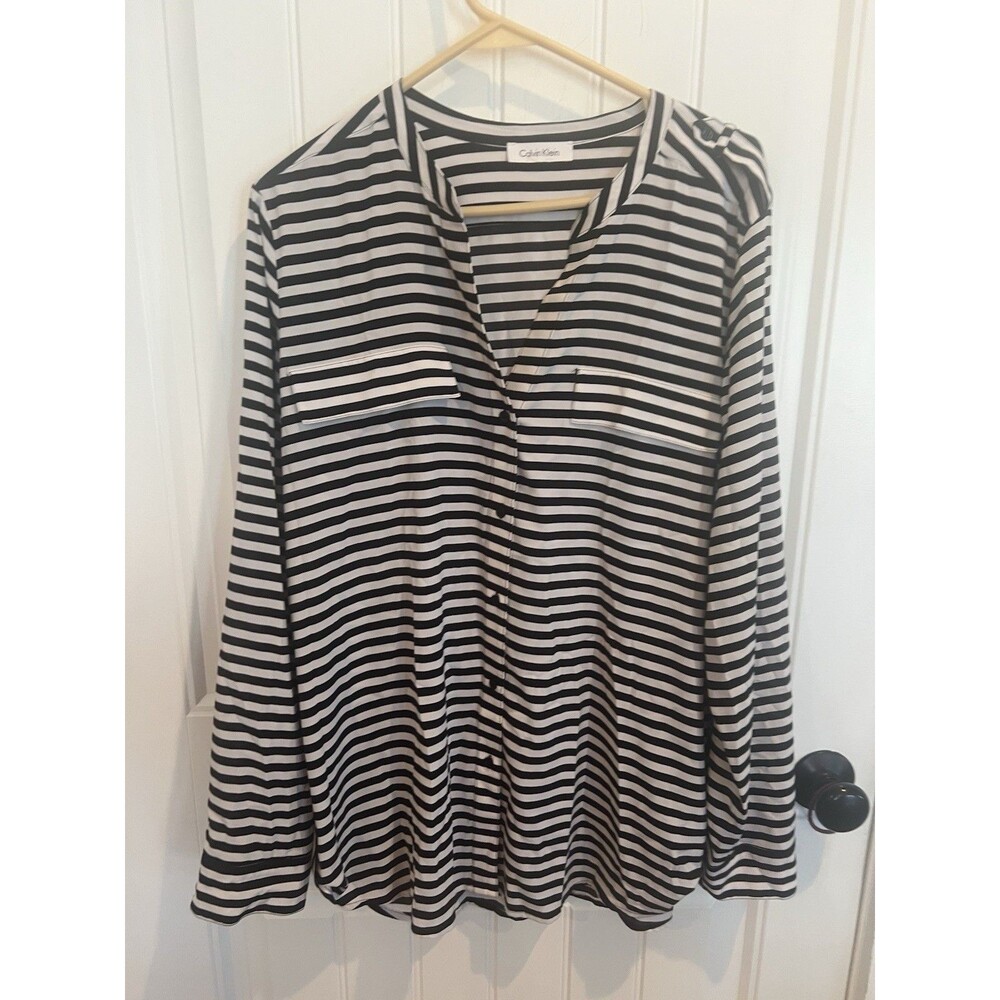 Calvin Klein Women’s Xl Black White Stripes Split Neck Rolled Knit Blouse Top